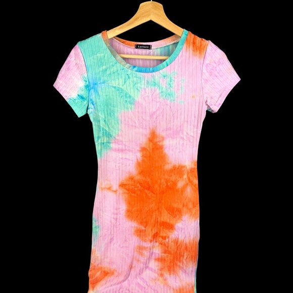 Tie-Dye Ribbed Short Sleeve Midi Dress By Lucineux - Picture 1 of 3